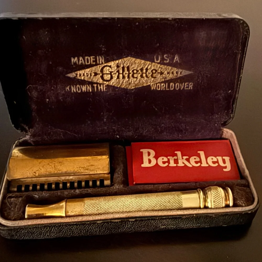 Vintage Gillette 1930s Brass Safety Razor Kit | Original Case | Gold Tone